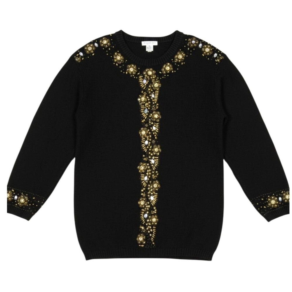 VTG ACCESSORY LADY Black BEADED/RHINESTONES Floral PARTY Knit Sweater Sz M